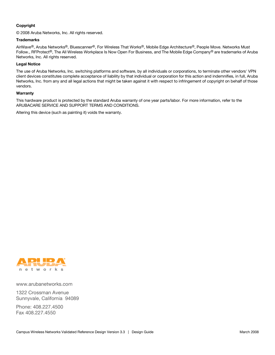 Aruba Networks Version 3.3 manual Crossman Avenue Sunnyvale, California Phone Fax 