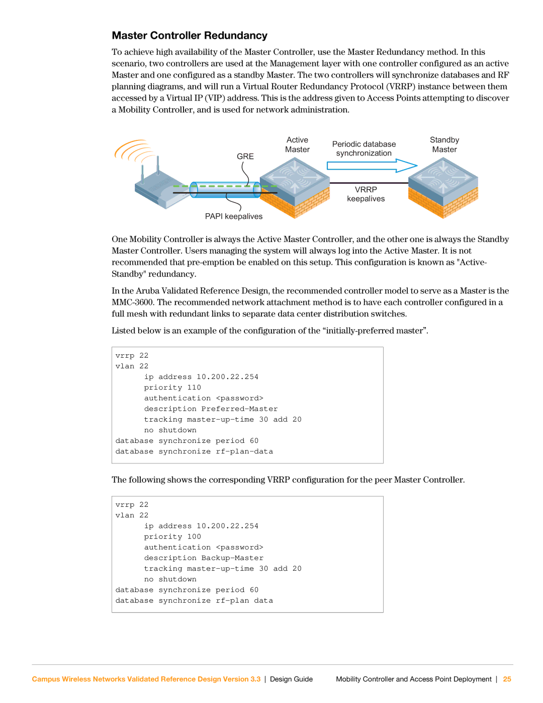 Aruba Networks Version 3.3 manual Master Controller Redundancy 