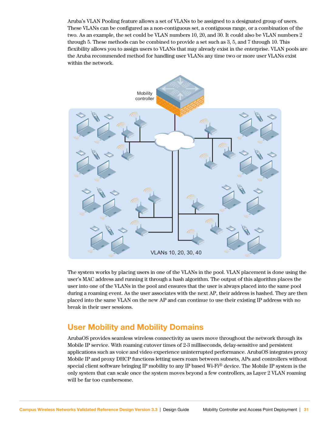 Aruba Networks Version 3.3 manual User Mobility and Mobility Domains, VLANs 10, 20, 30 