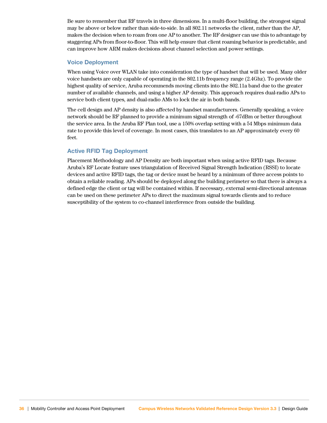 Aruba Networks Version 3.3 manual Voice Deployment, Active Rfid Tag Deployment 