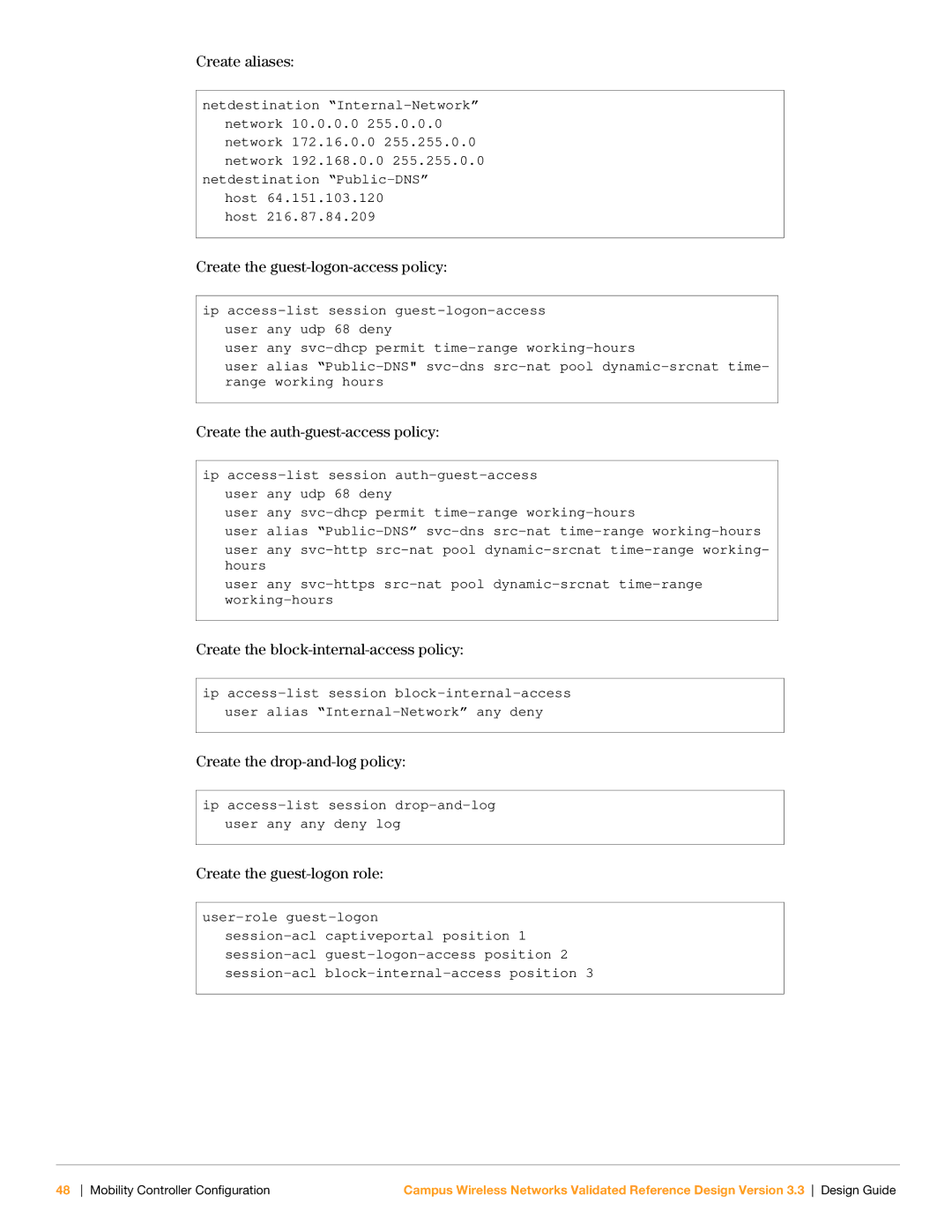 Aruba Networks Version 3.3 manual Create the block-internal-access policy 