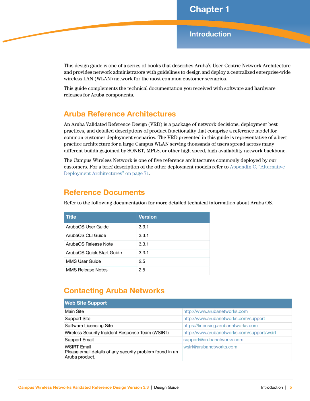 Aruba Networks Version 3.3 Aruba Reference Architectures, Reference Documents, Contacting Aruba Networks, Introduction 