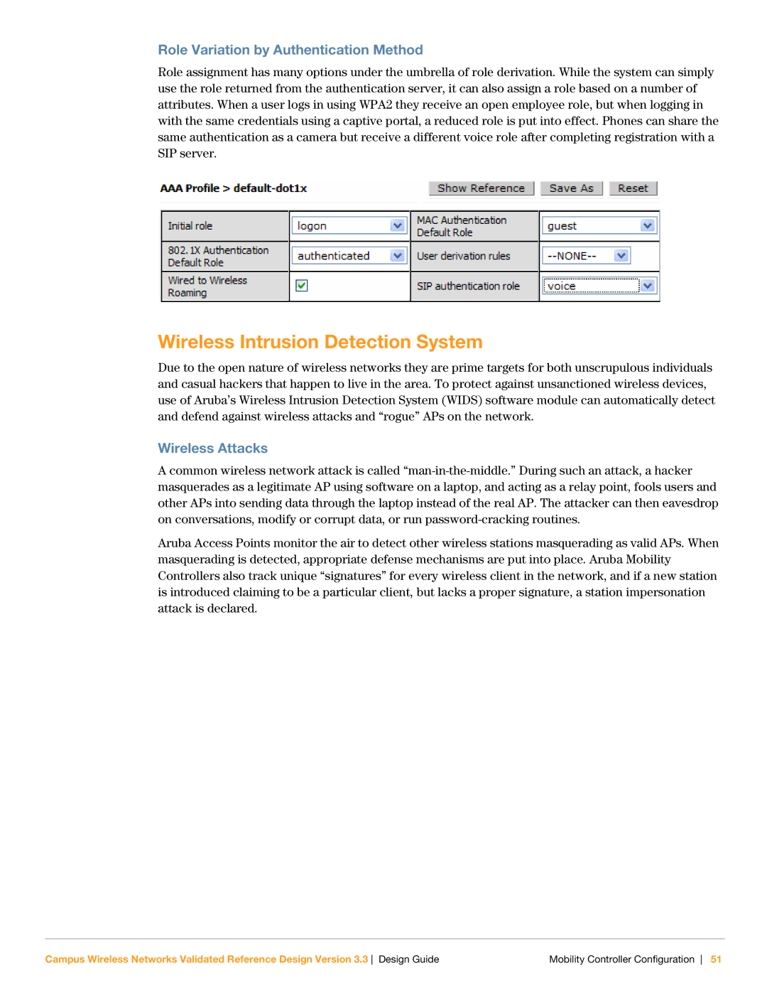 Aruba Networks Version 3.3 Wireless Intrusion Detection System, Role Variation by Authentication Method, Wireless Attacks 