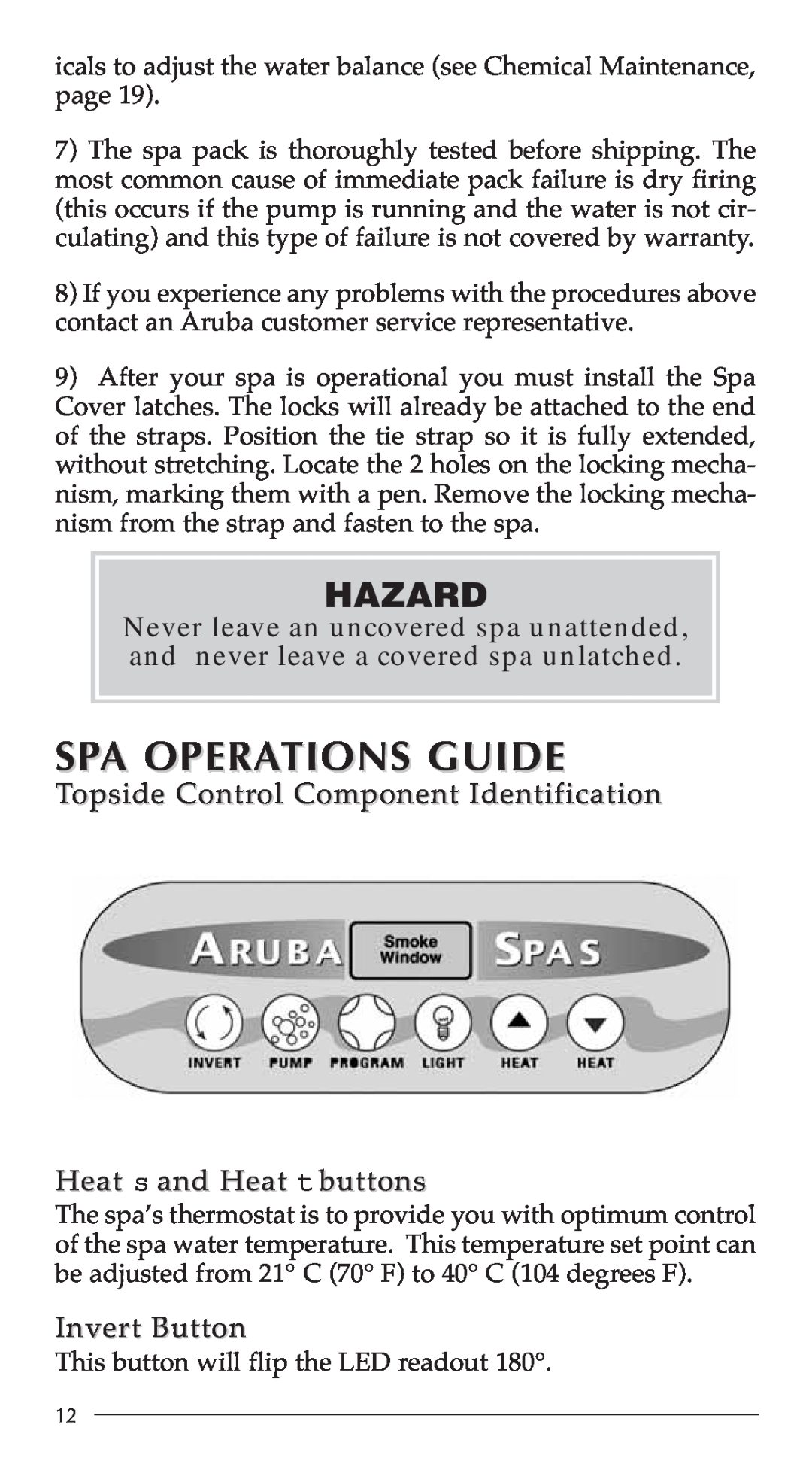 Aruba Spa 2003 Serenade Spa Operations Guide, Hazard, Topside Control Component Identification, Heat s and Heat t buttons 