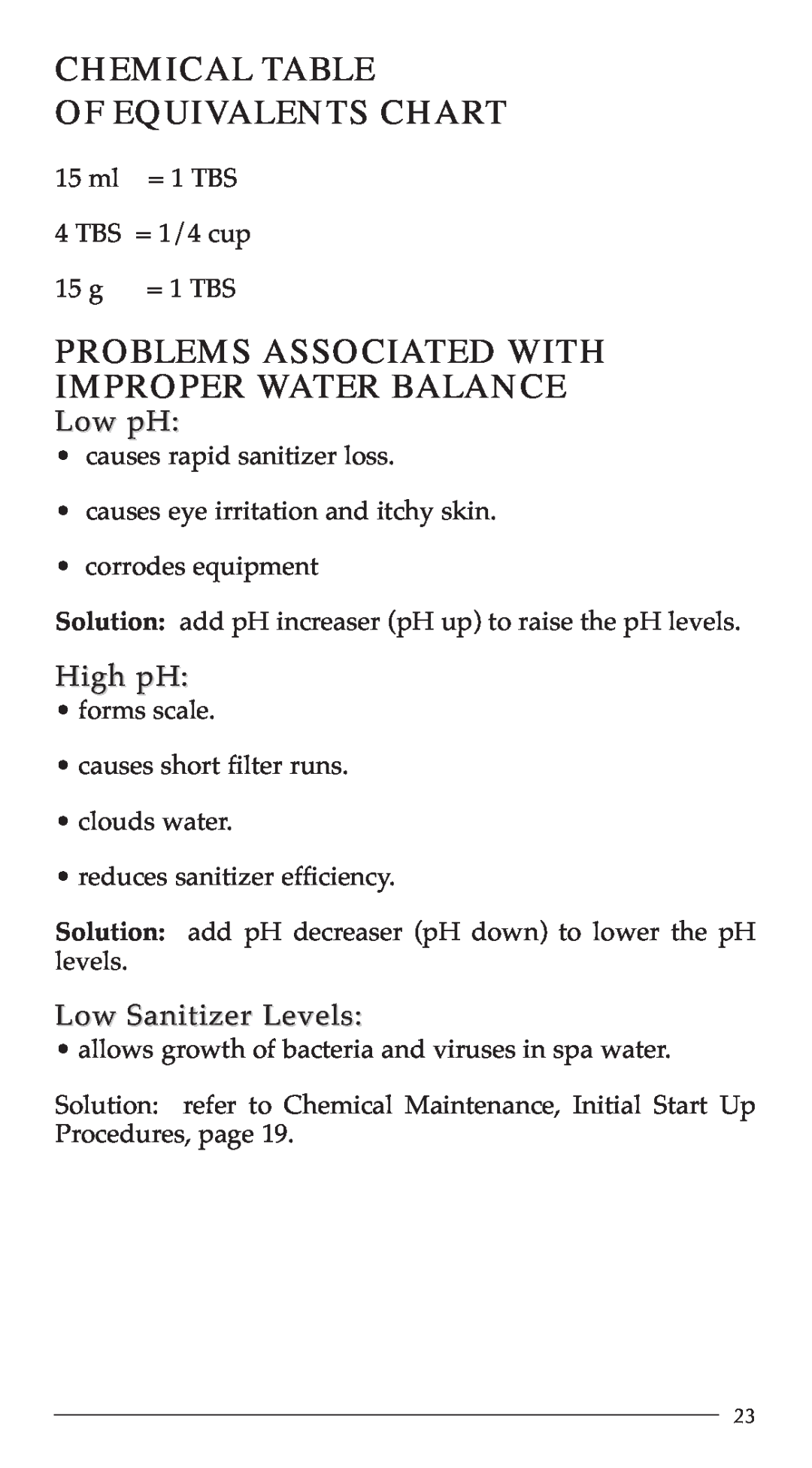 Aruba Spa 2003 Breeze manual Chemical Table Of Equivalents Chart, Problems Associated With Improper Water Balance, Low pH 
