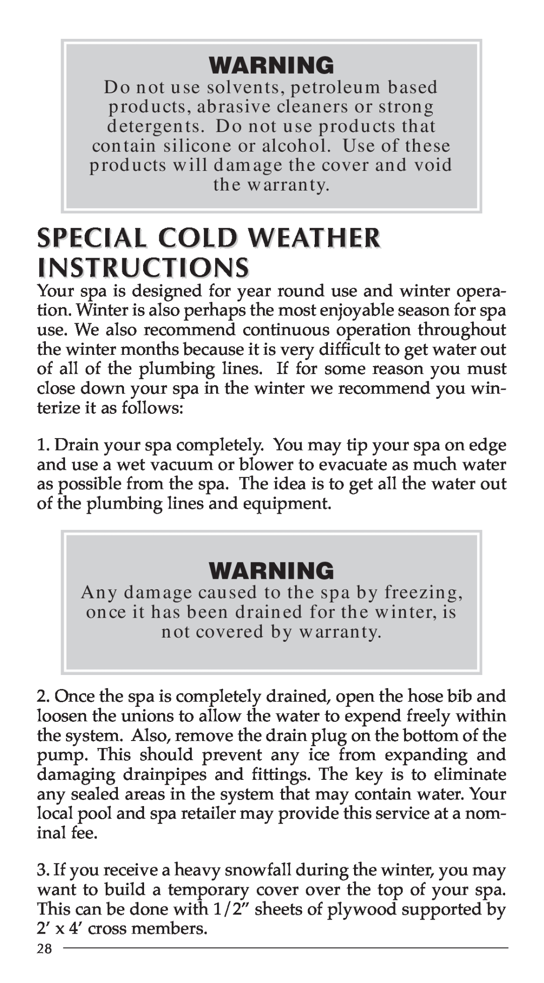Aruba Spa 2003 Escape, 2003 Breeze, 2003 Serenade manual Special Cold Weather Instructions 