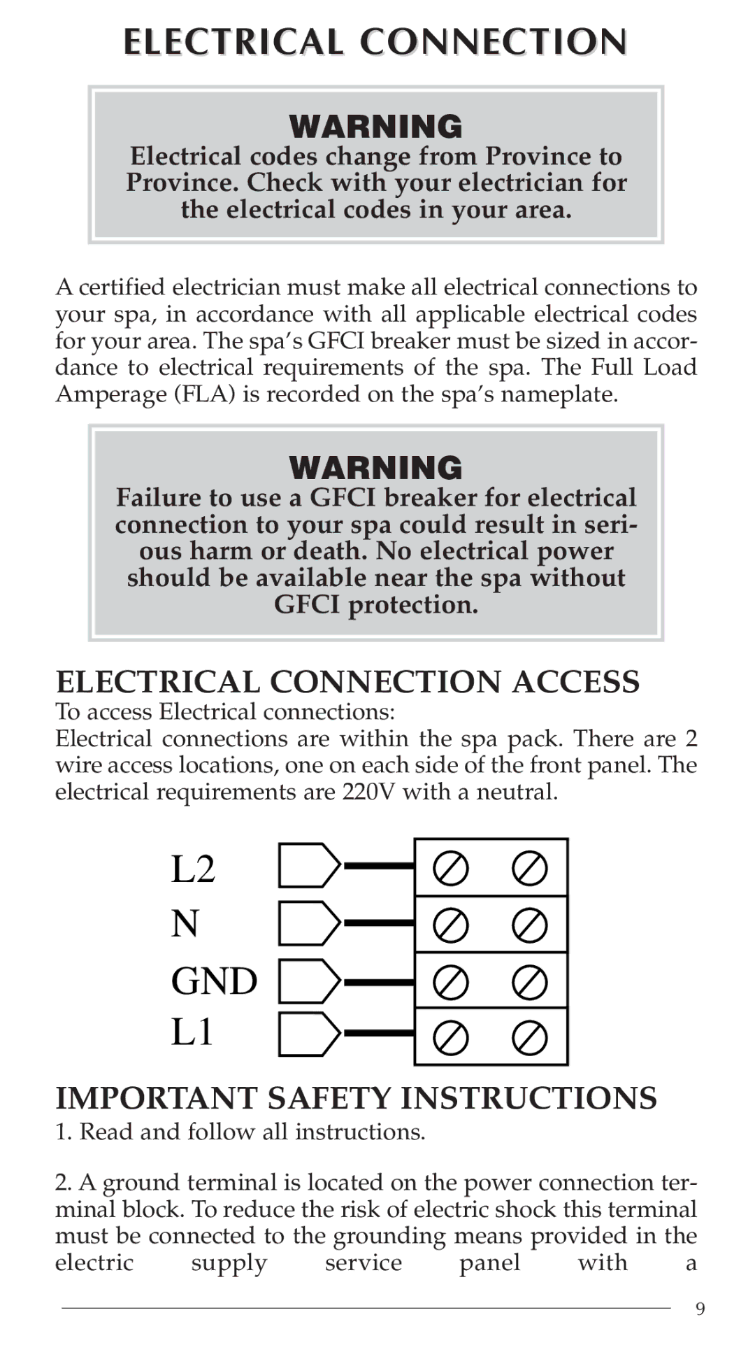 Aruba Spa Hot Tub Models 2003 owner manual Electrical Connection Access, Important Safety Instructions 