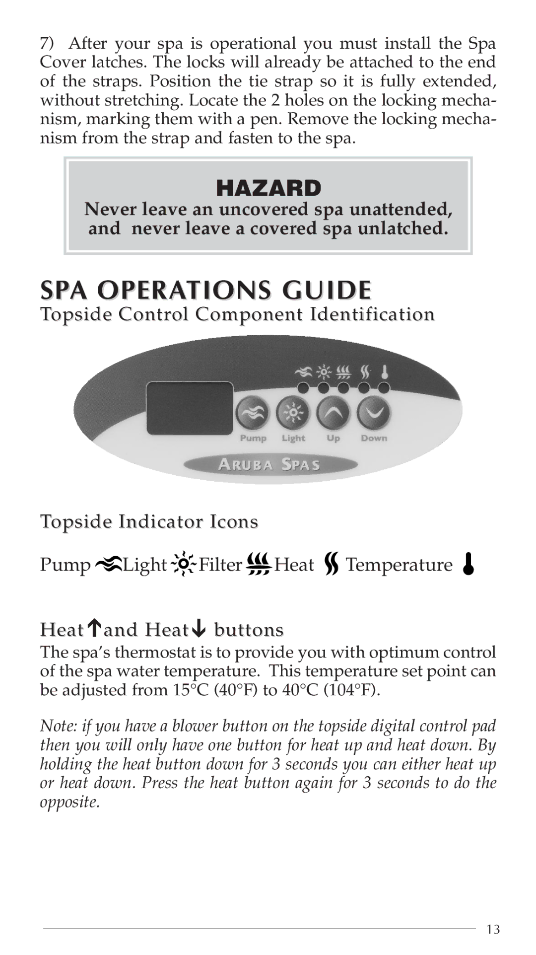 Aruba Spa Hot Tub Models 2003 owner manual SPA Operations Guide 