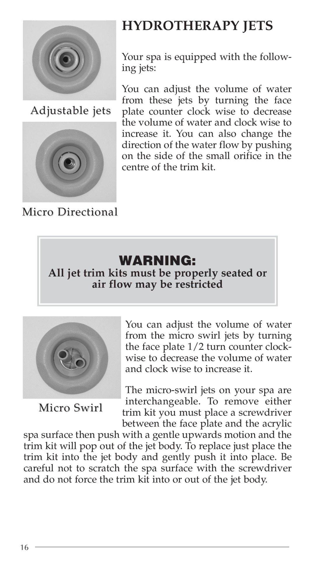 Aruba Spa Hot Tub Models 2003 owner manual Hydrotherapy Jets, Micro Directional 