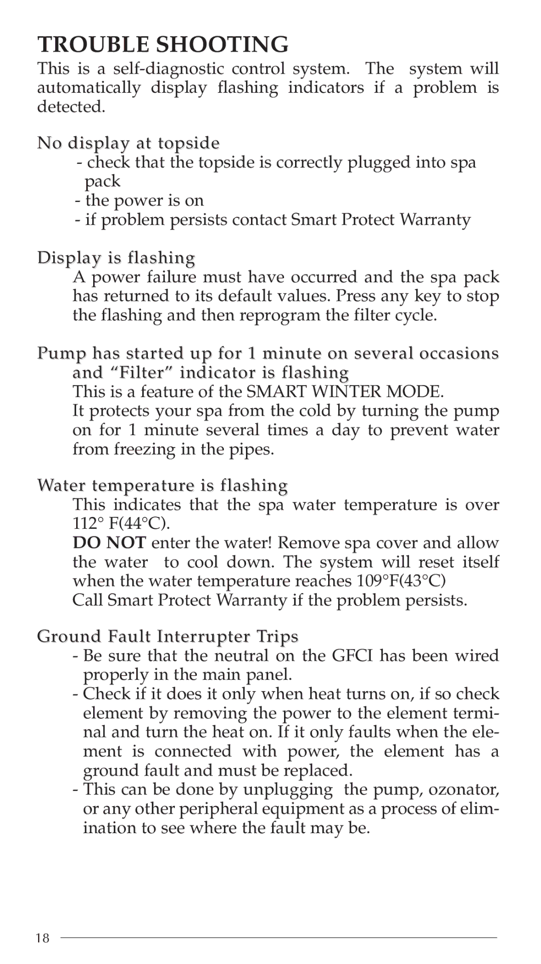 Aruba Spa Hot Tub Models 2003 owner manual Trouble Shooting 