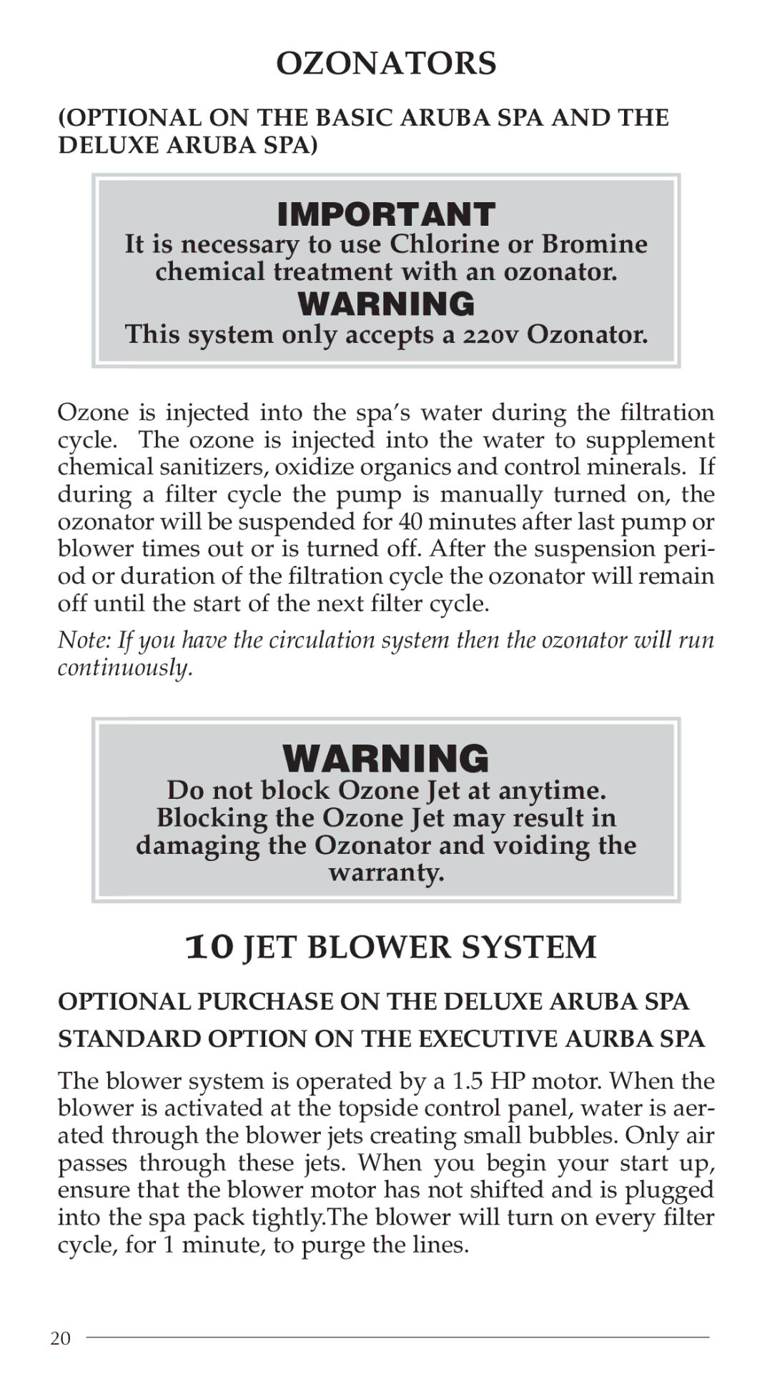 Aruba Spa Hot Tub Models 2003 owner manual Ozonators, JET Blower System 