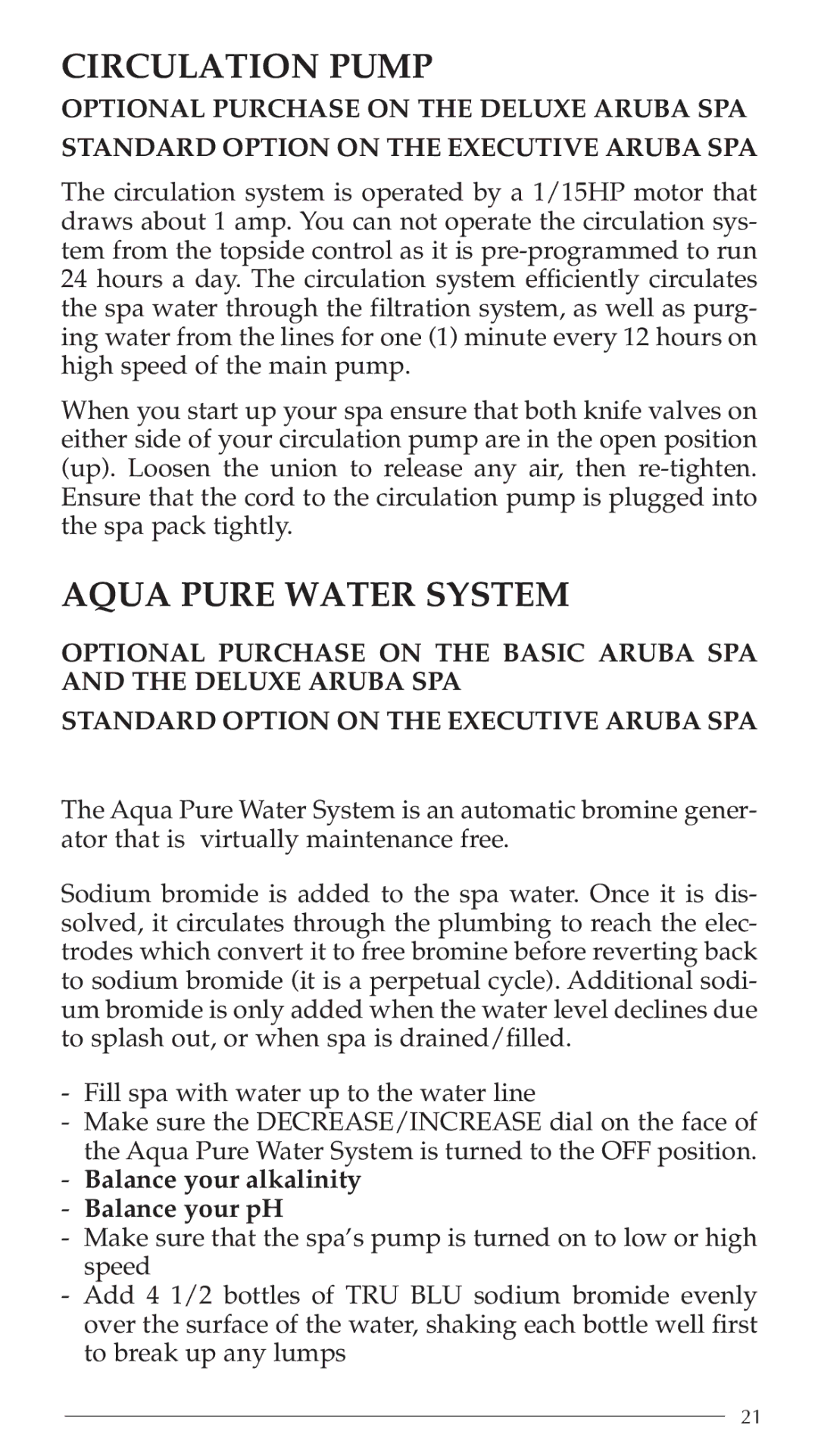 Aruba Spa Hot Tub Models 2003 owner manual Circulation Pump, Aqua Pure Water System 