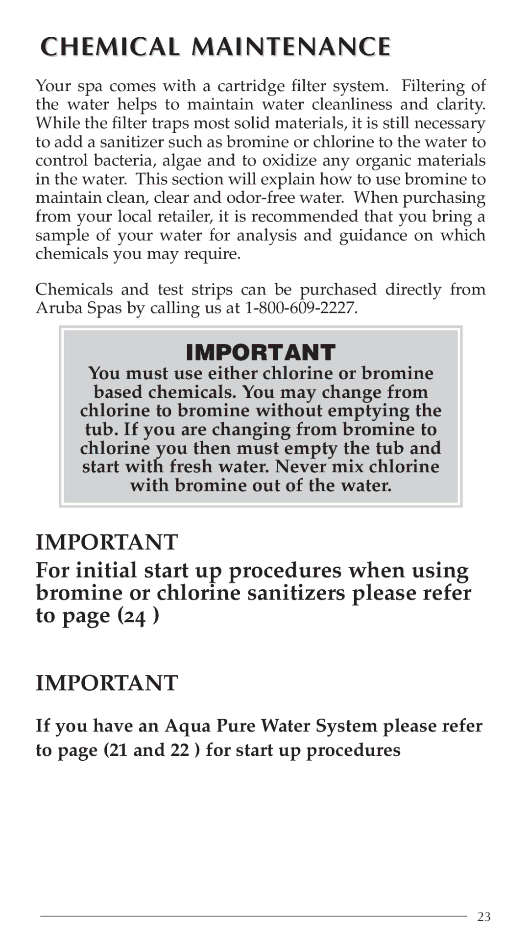 Aruba Spa Hot Tub Models 2003 owner manual Chemical Maintenance 