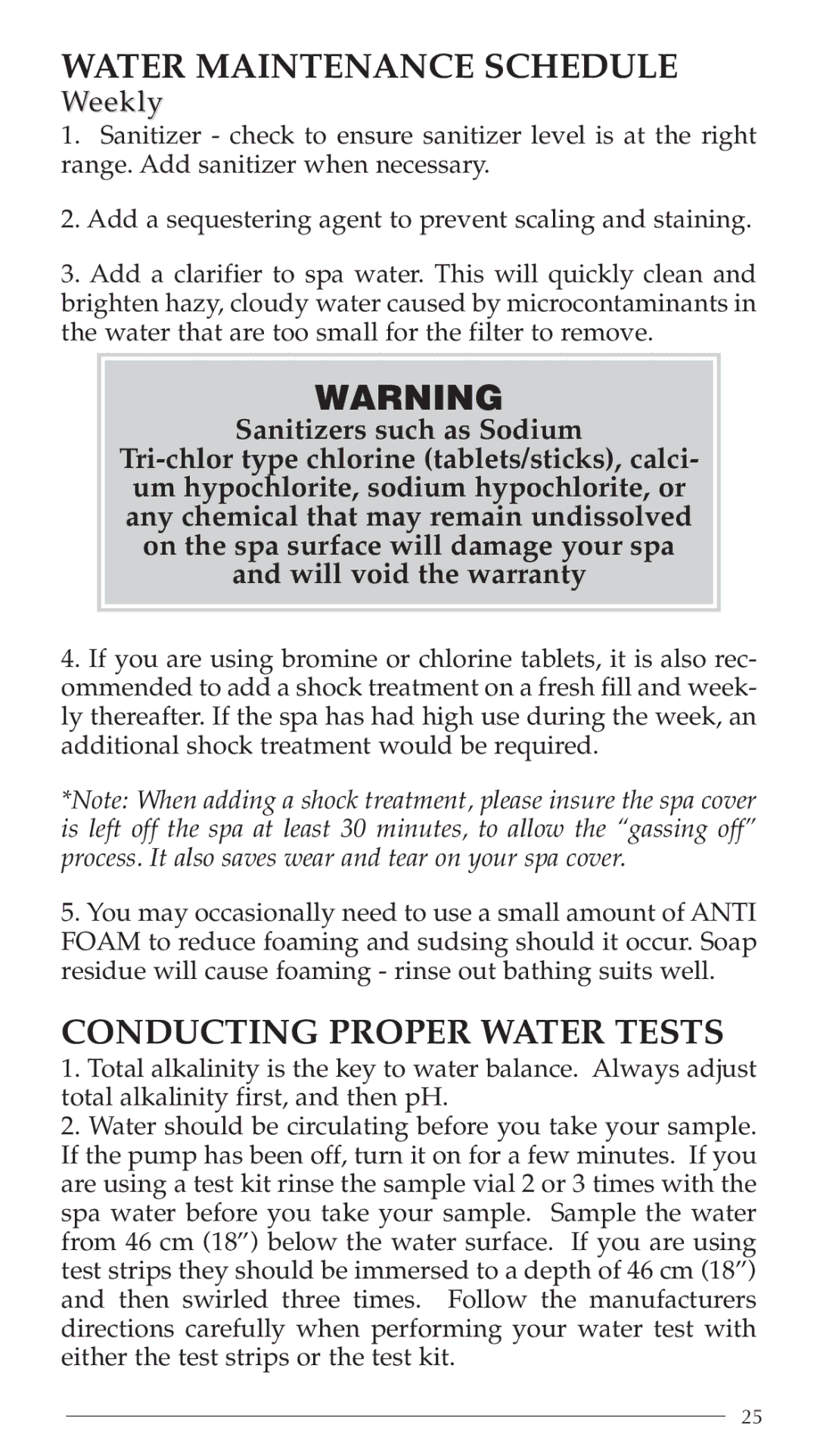 Aruba Spa Hot Tub Models 2003 owner manual Water Maintenance Schedule, Conducting Proper Water Tests, Weekly 