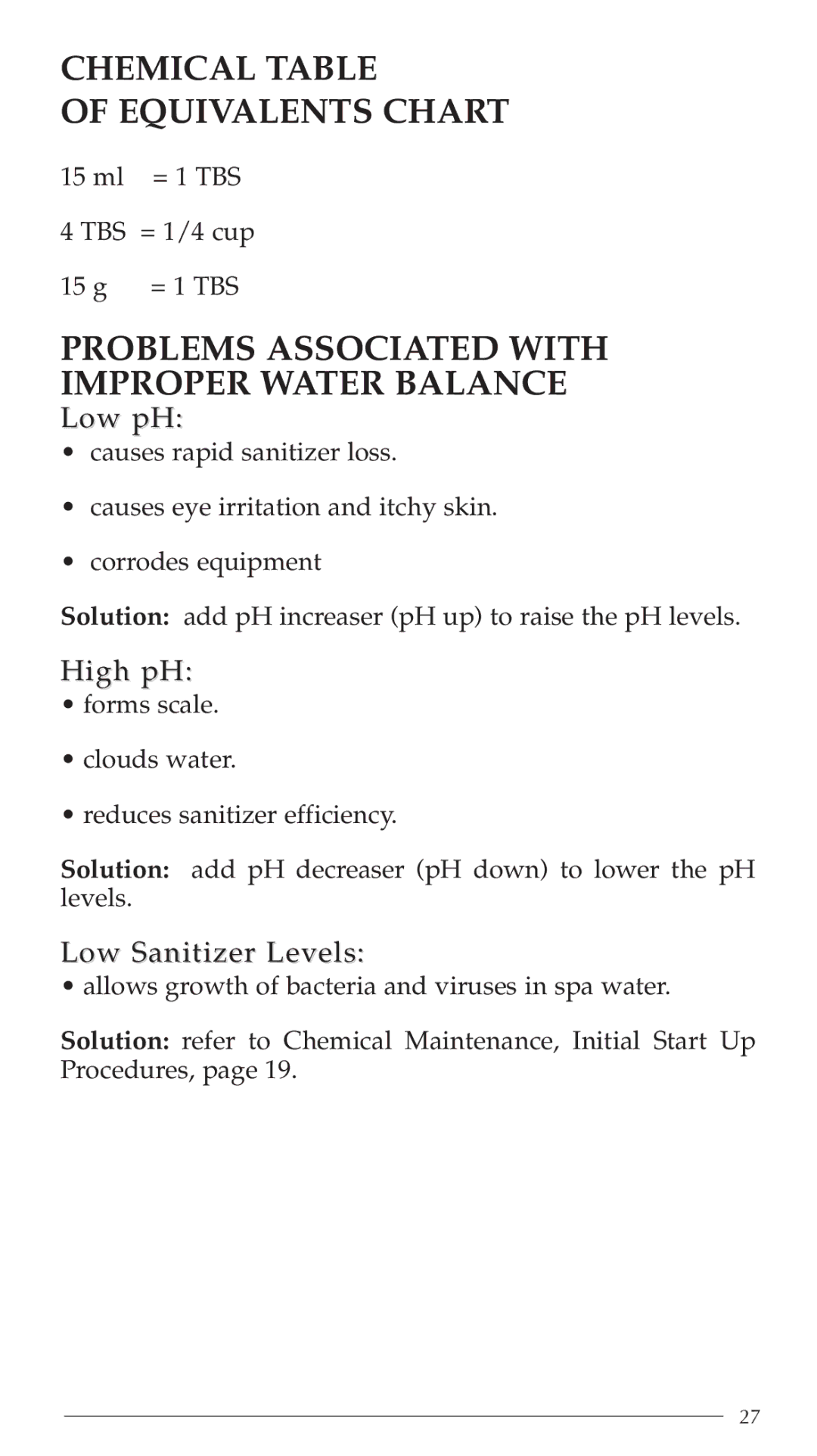 Aruba Spa Hot Tub Models 2003 Chemical Table Equivalents Chart, Problems Associated with Improper Water Balance, Low pH 