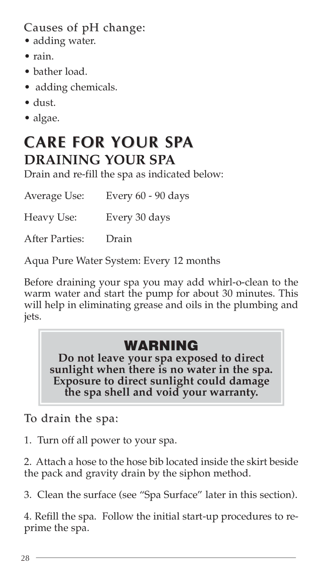 Aruba Spa Hot Tub Models 2003 owner manual Care for Your SPA, Draining Your SPA, Causes of pH change, To drain the spa 