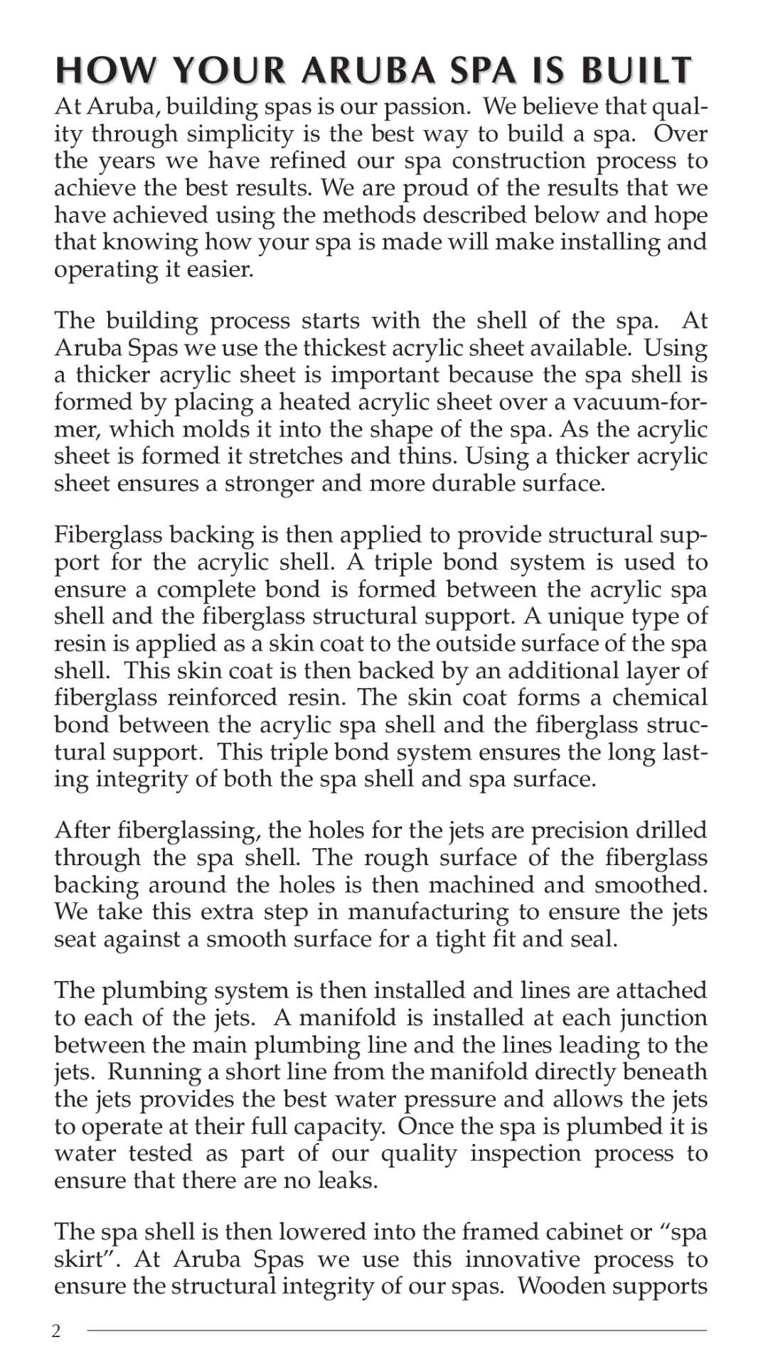 Aruba Spa Hot Tub Models 2003 owner manual HOW Your Aruba SPA is Built 