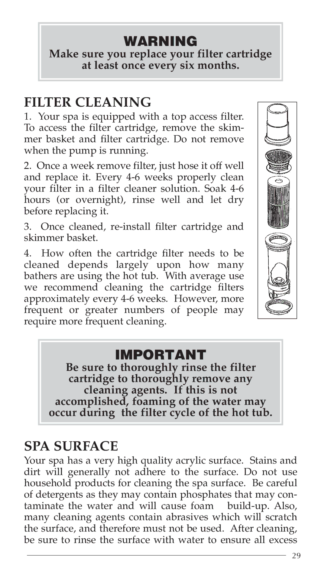 Aruba Spa Hot Tub Models 2003 owner manual Filter Cleaning, SPA Surface 