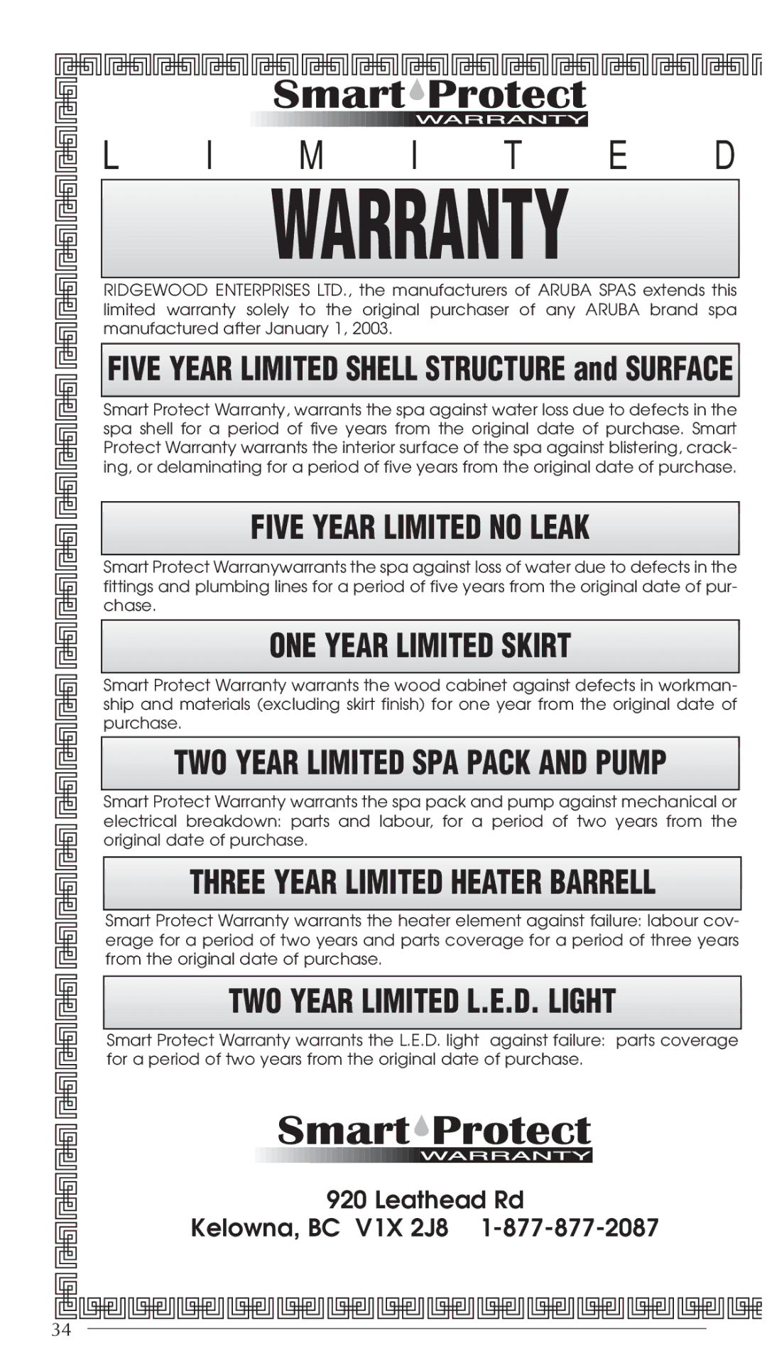 Aruba Spa Hot Tub Models 2003 owner manual Warranty 