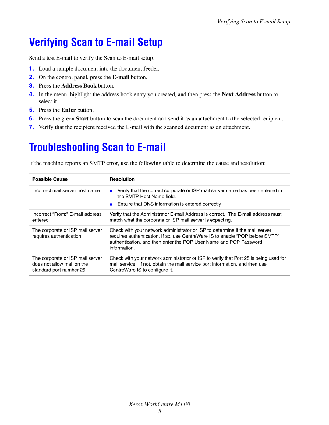 Arxel Guild M118i manual Verifying Scan to E-mail Setup, Troubleshooting Scan to E-mail, Possible Cause Resolution 