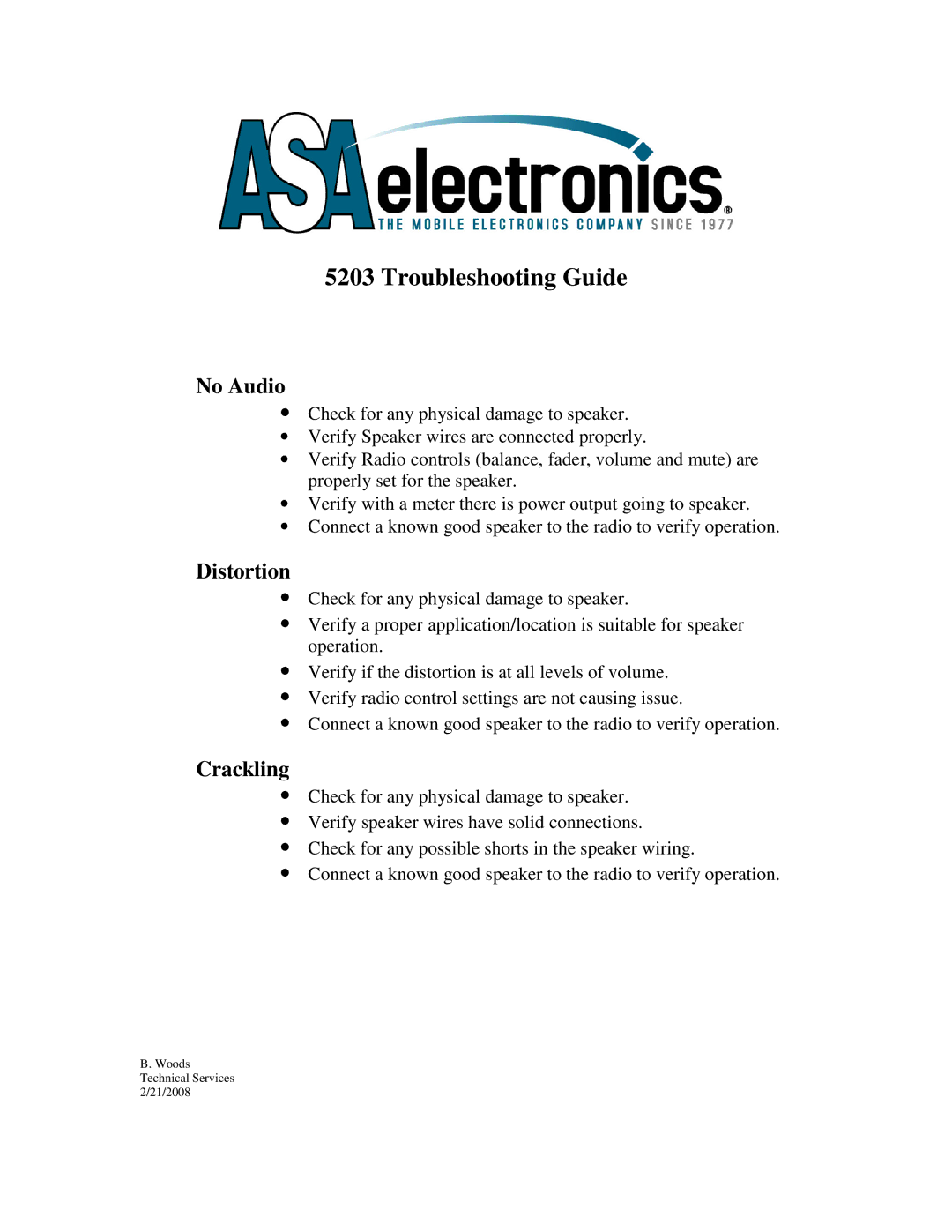 ASA Electronics 5203 manual Troubleshooting Guide, No Audio, Distortion, Crackling 