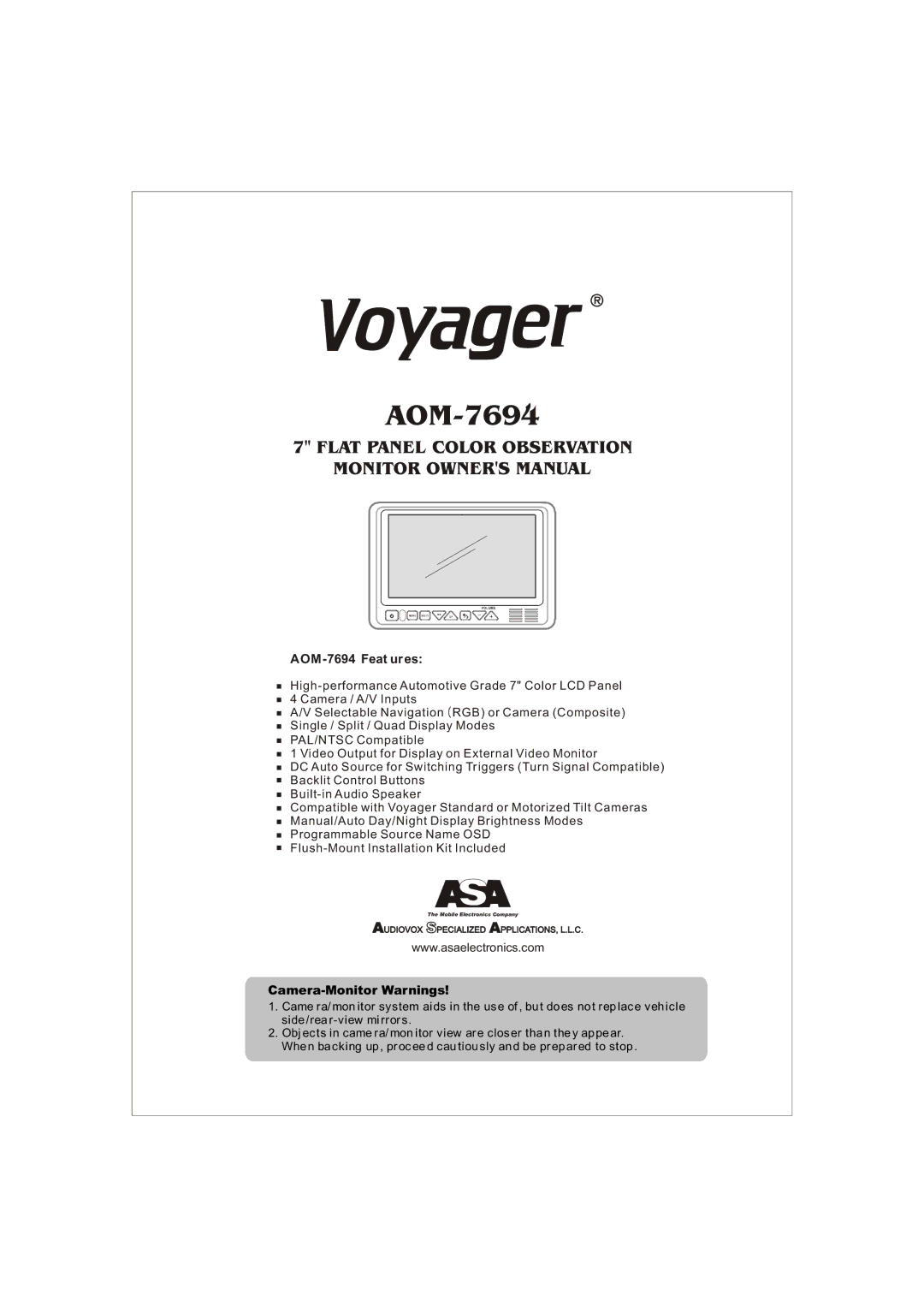 ASA Electronics AOM-7694 owner manual Camera-Monitor Warnings 