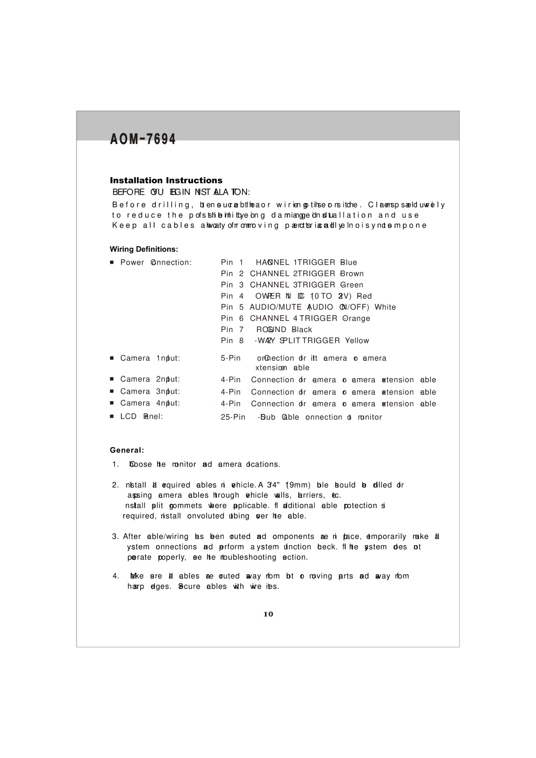 ASA Electronics AOM-7694 owner manual Installation Instructions, Wiring Definitions, General 