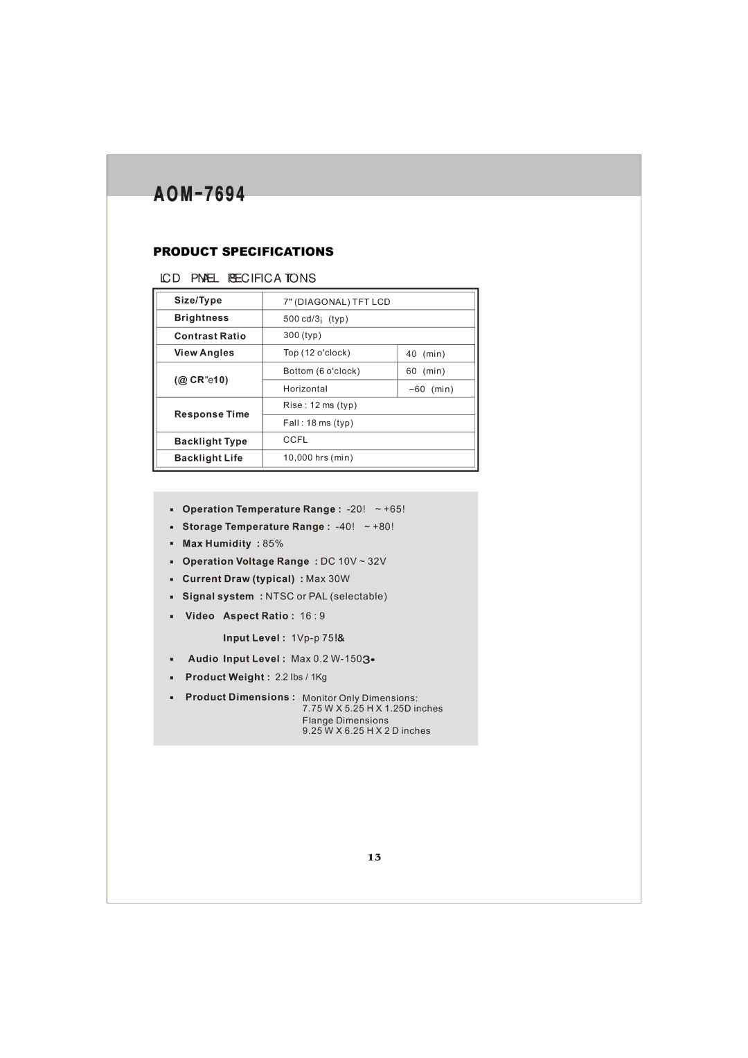 ASA Electronics AOM-7694 owner manual Product Specifications 