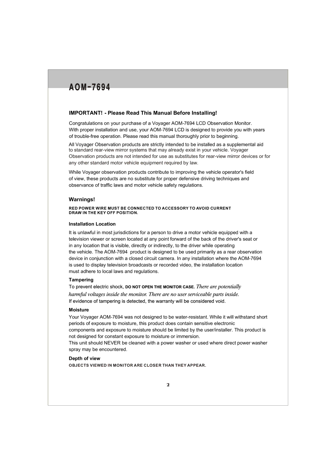 ASA Electronics AOM-7694 IMPORTANT! Please Read This Manual Before Installing, Installation Location, Tampering Moisture 