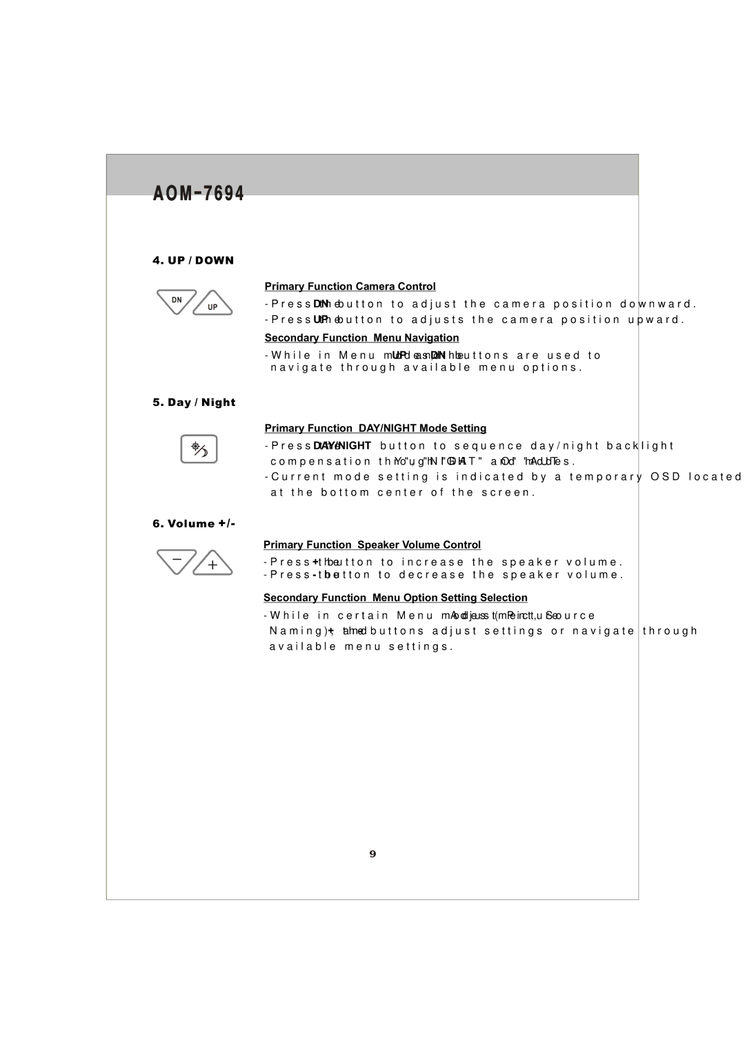 ASA Electronics AOM-7694 owner manual Secondary Function Menu Navigation, Primary Function DAY/NIGHT Mode Setting 