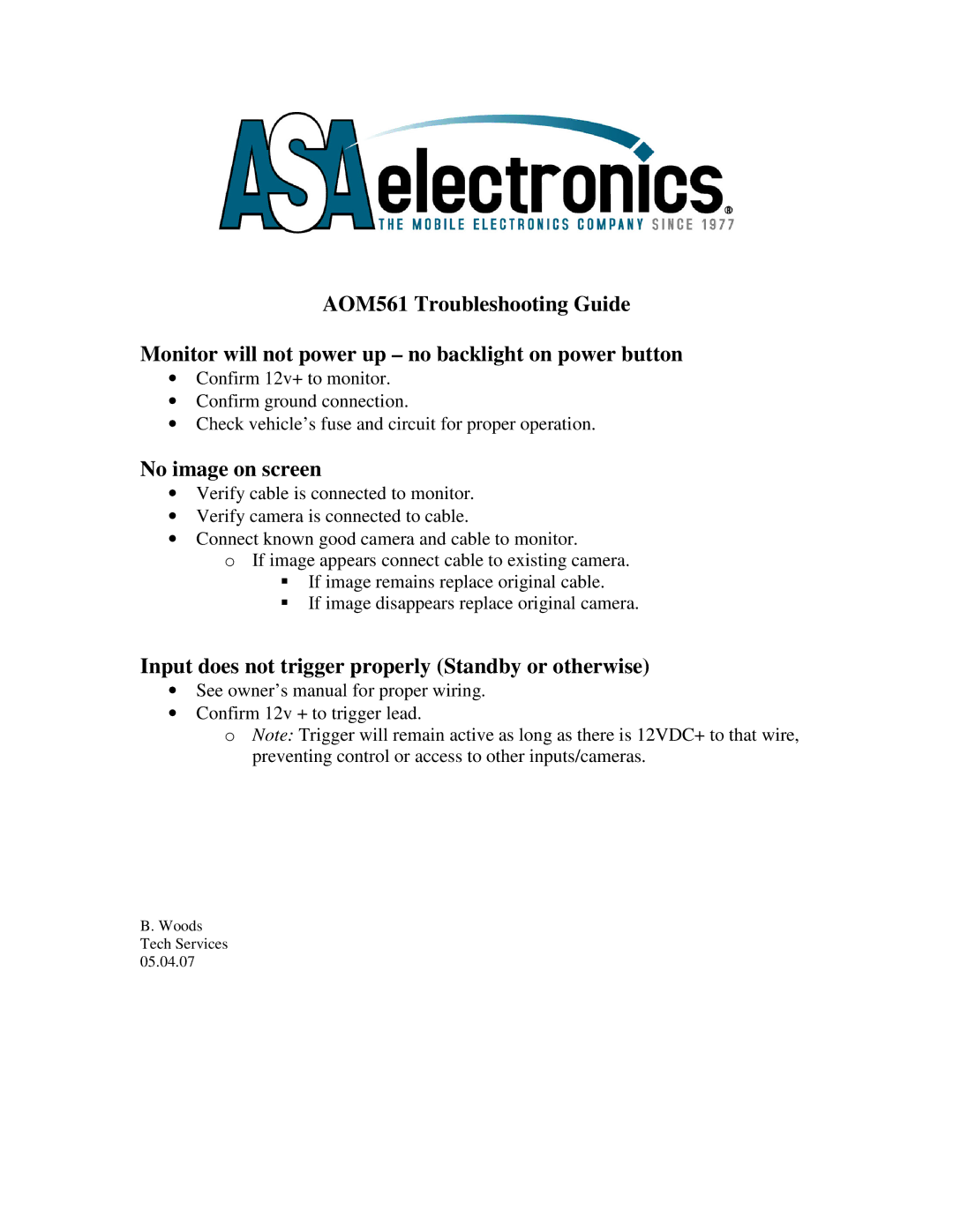 ASA Electronics AOM561 owner manual No image on screen, Input does not trigger properly Standby or otherwise 