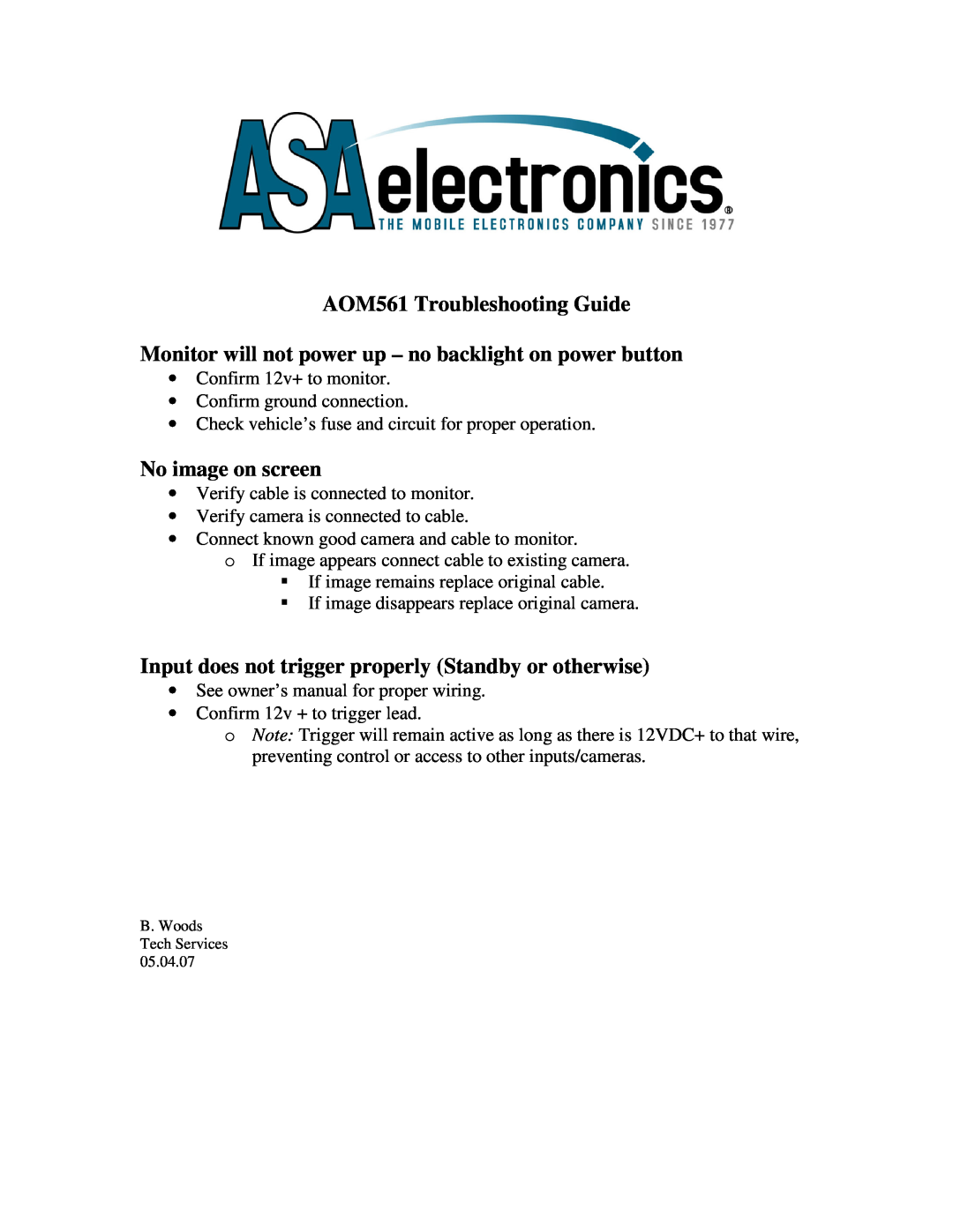 ASA Electronics owner manual AOM561 Troubleshooting Guide, Monitor will not power up - no backlight on power button 