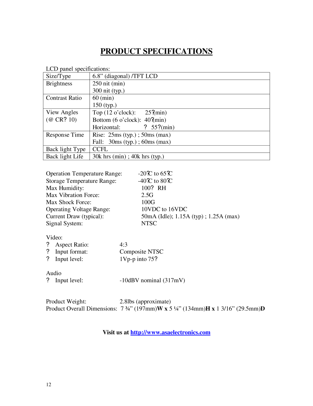 ASA Electronics AOM681 owner manual Product Specifications, Ccfl 