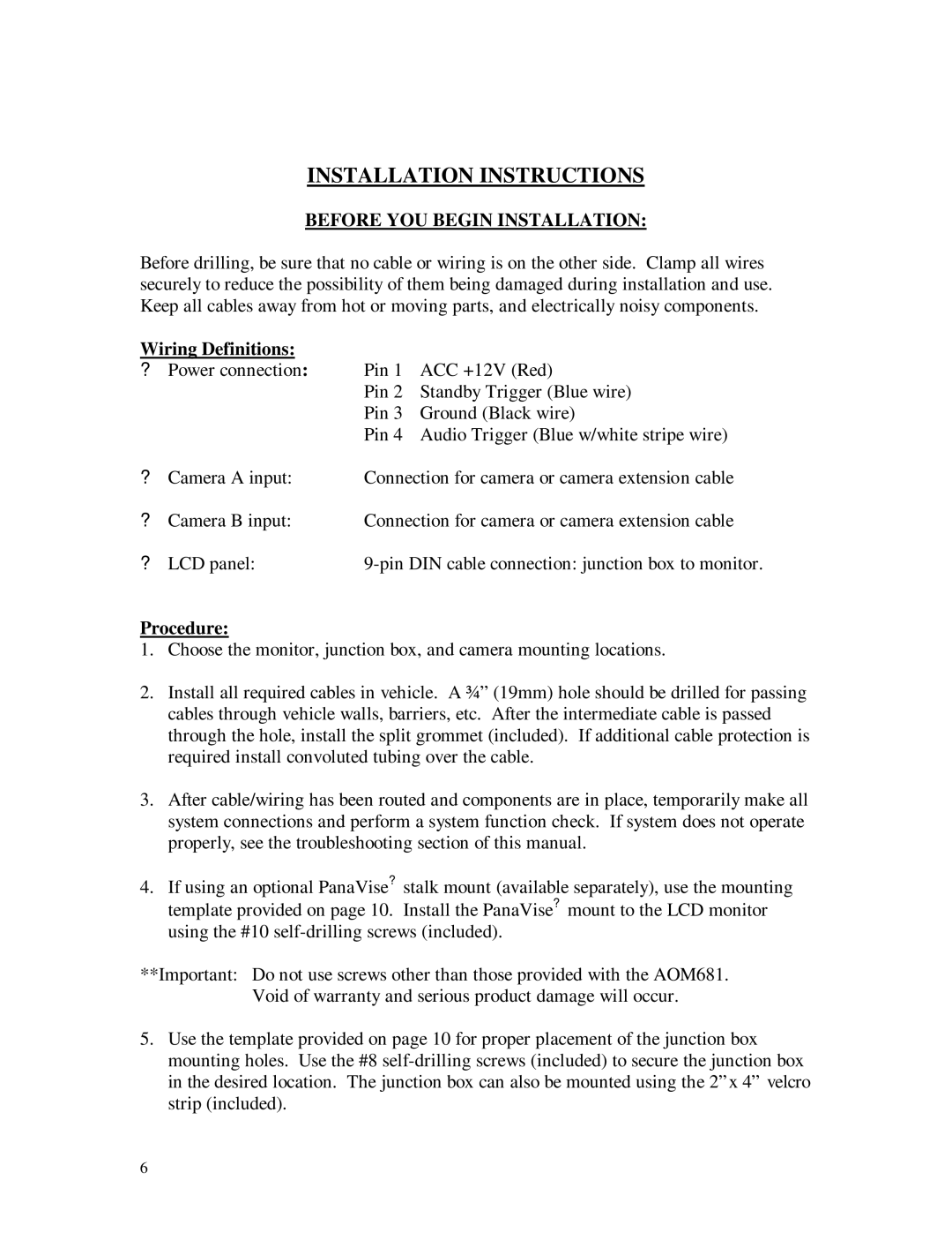 ASA Electronics AOM681 owner manual Installation Instructions, Wiring Definitions, Procedure 