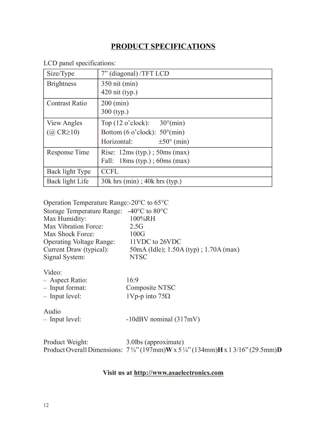 ASA Electronics AOM701 owner manual Product Specifications 