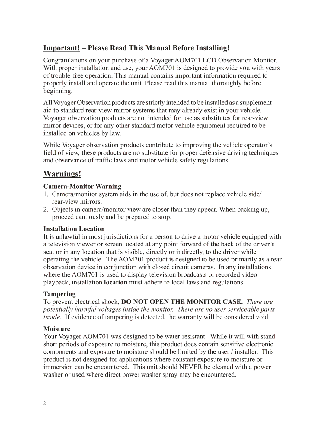 ASA Electronics AOM701 owner manual Camera-Monitor Warning, Installation Location 