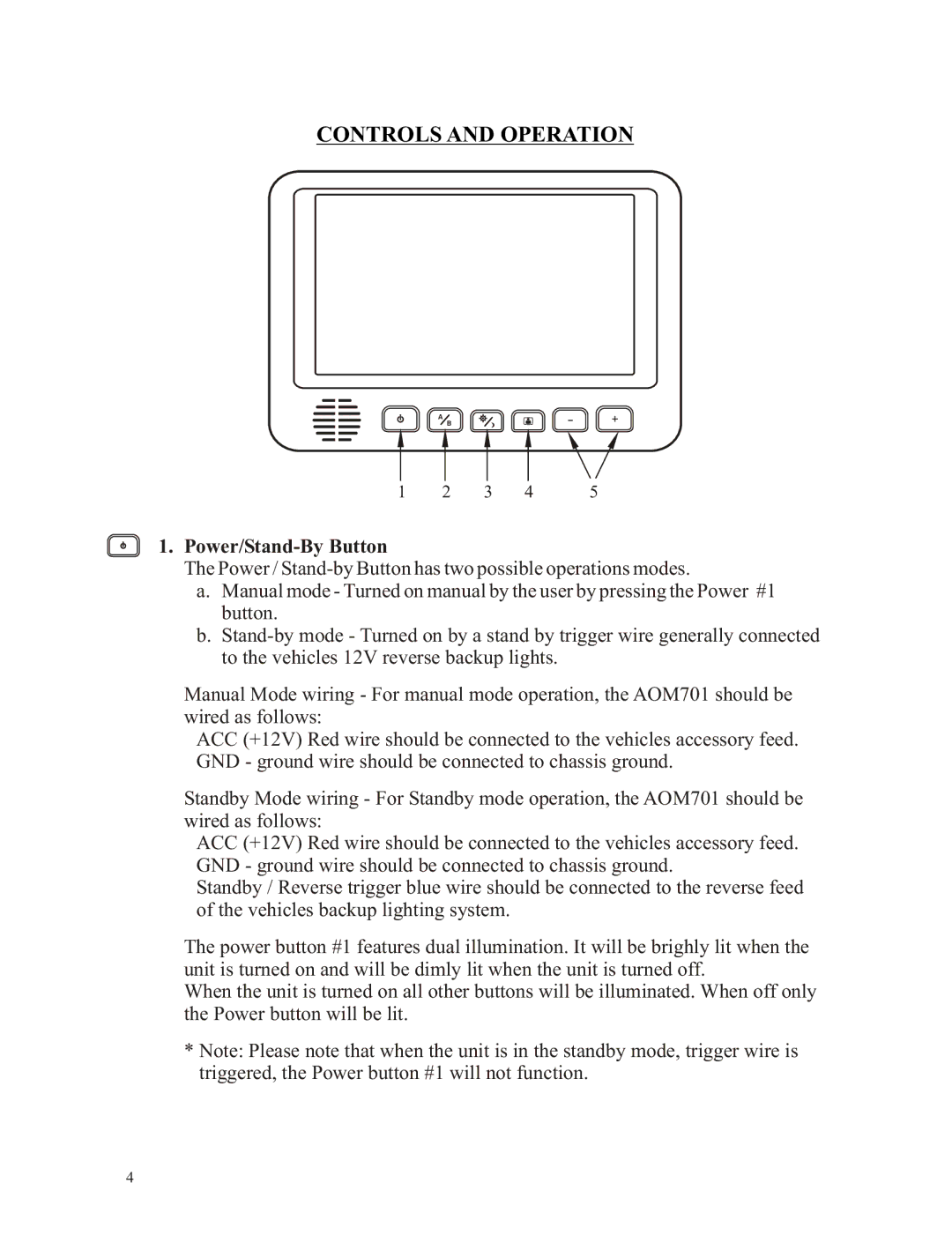 ASA Electronics AOM701 owner manual Controls and Operation, Power/Stand-By Button 