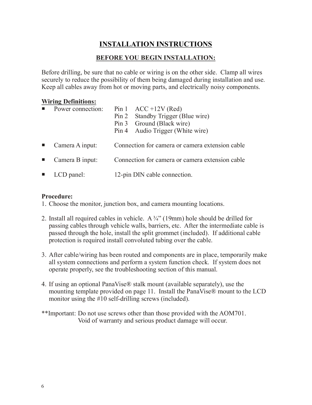 ASA Electronics AOM701 owner manual Installation Instructions, Wiring Definitions, Procedure 