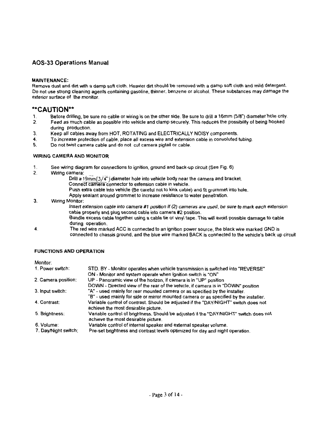 ASA Electronics AOS-33 manual Maintenance, Functions and Operation 