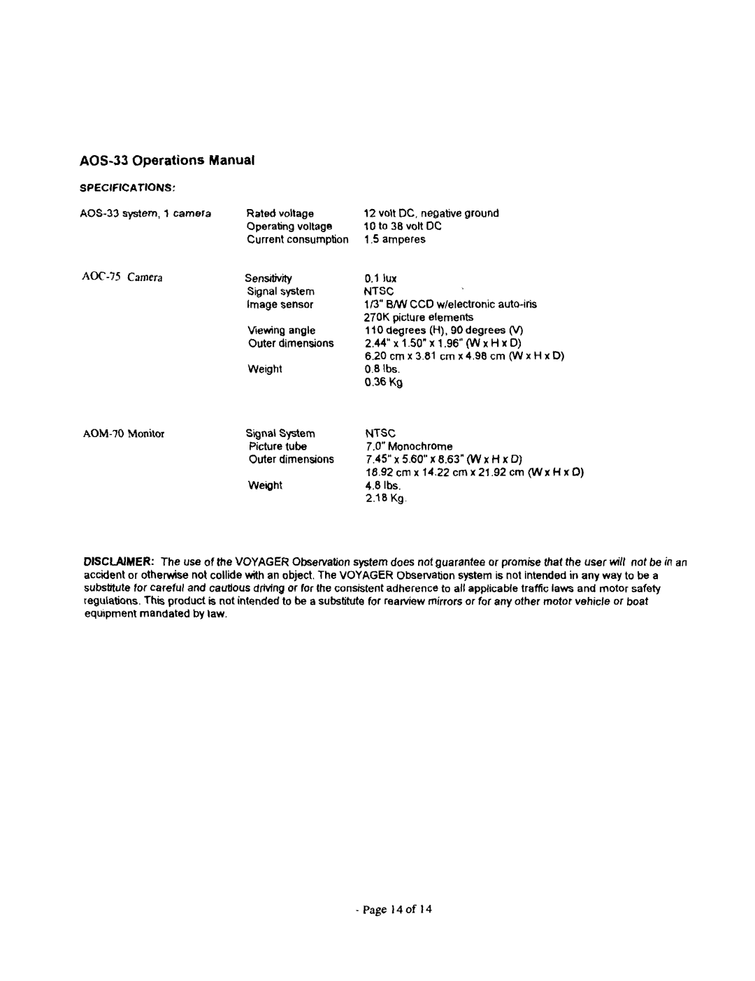 ASA Electronics manual AOS-33Operations Manual, Specifications 