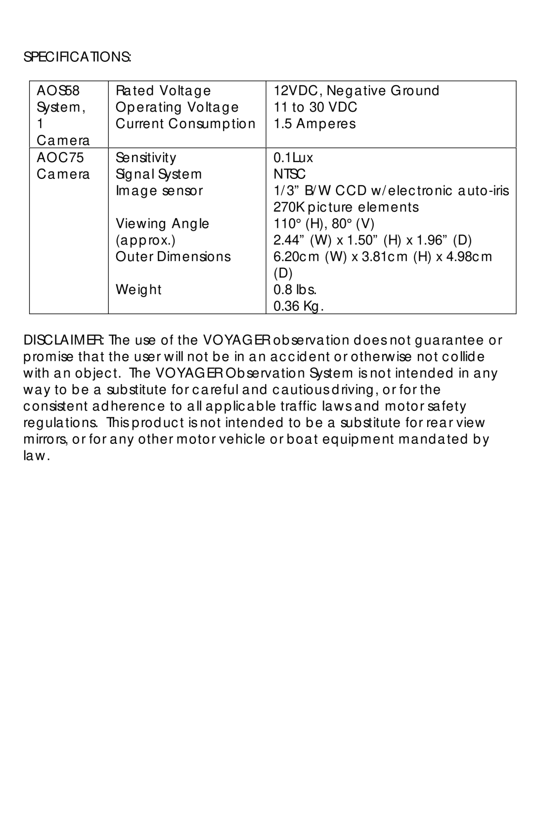 ASA Electronics AOC-75 operation manual Specifications, AOS58, AOC75, Ntsc 