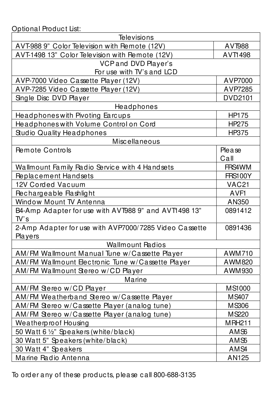 ASA Electronics AOC-75, AOS58 Optional Product List Televisions, VCP and DVD Player’s, Headphones, Miscellaneous 