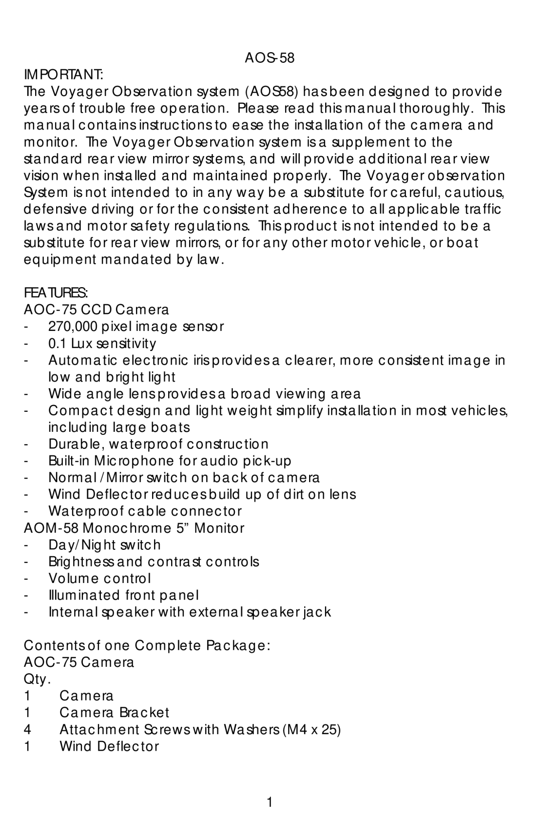 ASA Electronics AOS58 operation manual AOS-58, Features, AOC-75 CCD Camera, AOM-58 Monochrome 5 Monitor, AOC-75 Camera Qty 