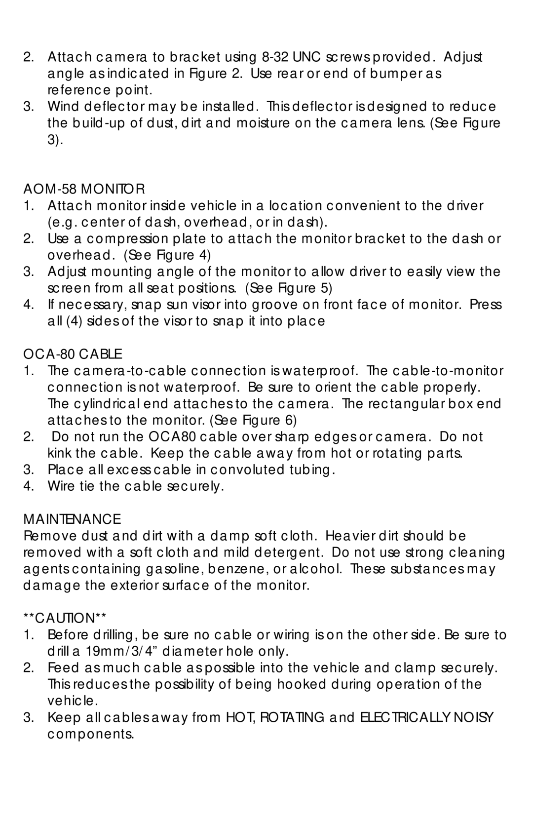 ASA Electronics AOS58, AOC-75 operation manual AOM-58 Monitor, OCA-80 Cable, Maintenance 