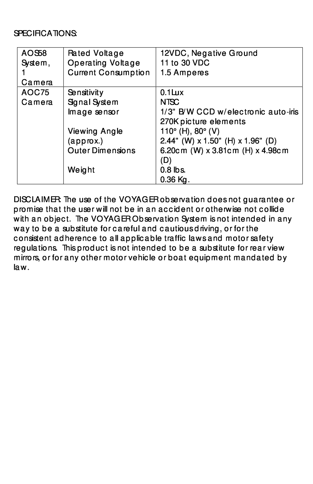 ASA Electronics AOC-75, AOS58 operation manual Specifications 