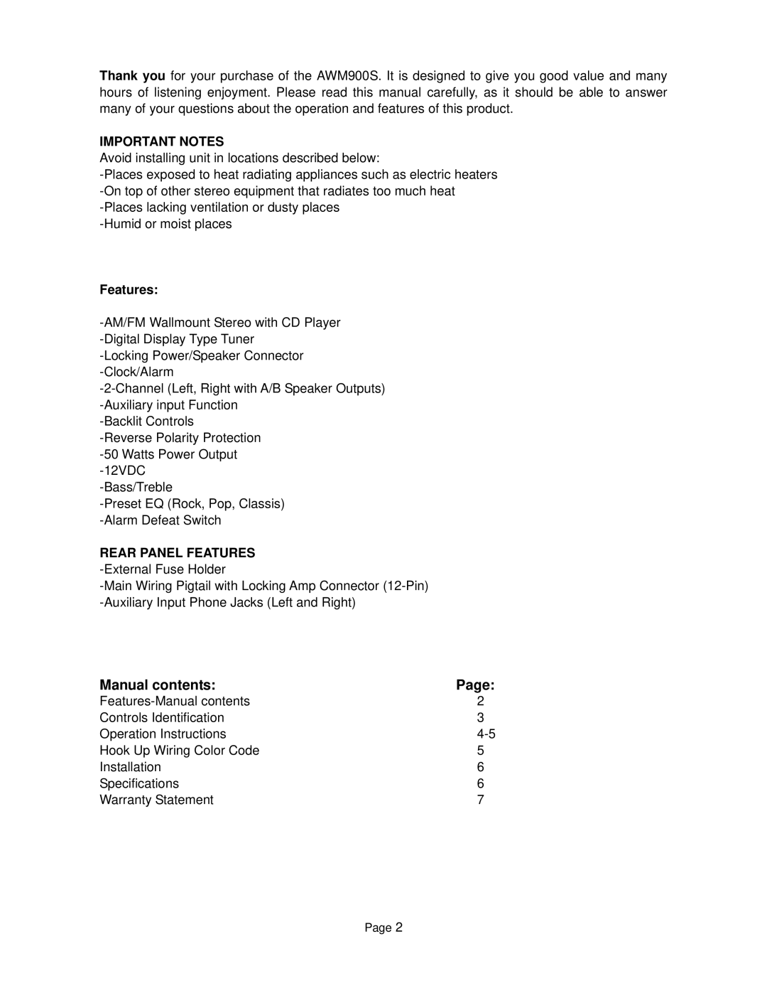 ASA Electronics AWM900S owner manual Manual contents 