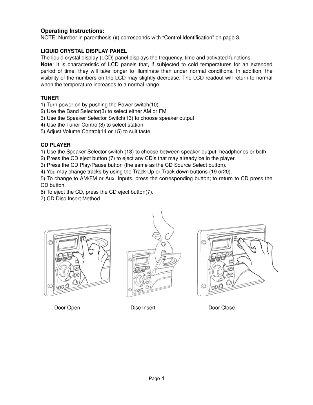 ASA Electronics AWM900S owner manual Operating Instructions, Liquid Crystal Display Panel, Tuner, CD Player 