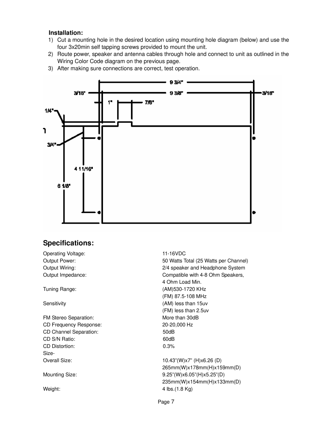 ASA Electronics AWM900S owner manual Specifications, Installation 