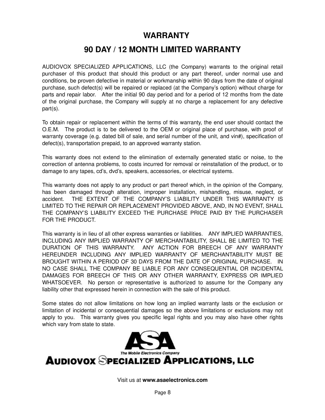 ASA Electronics AWM900S owner manual Warranty DAY / 12 Month Limited Warranty 