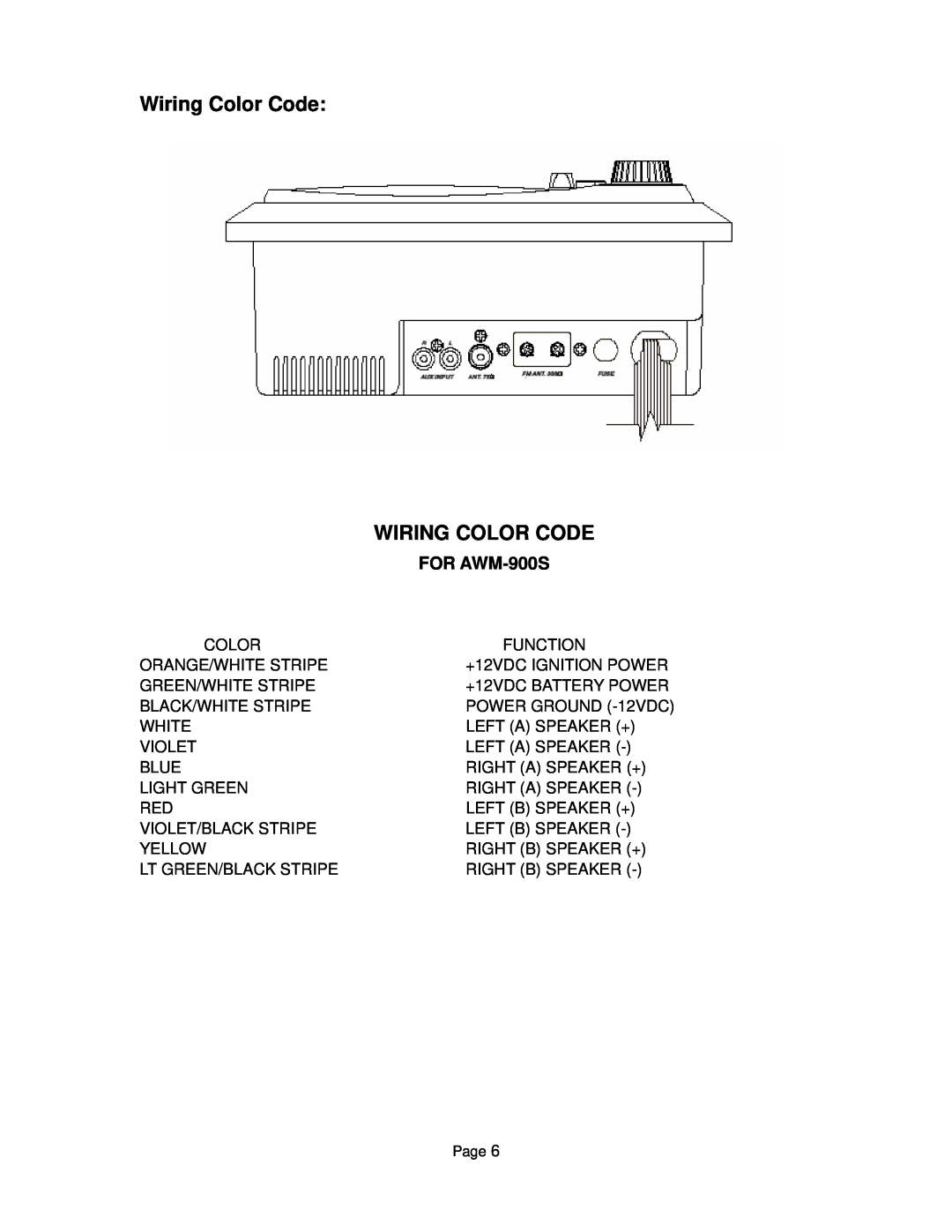 ASA Electronics AWM900S owner manual Wiring Color Code WIRING COLOR CODE, FOR AWM-900S 